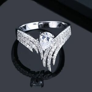 Size 9 Wing angel ring  with Inlaid Zircon White and diamond Plated